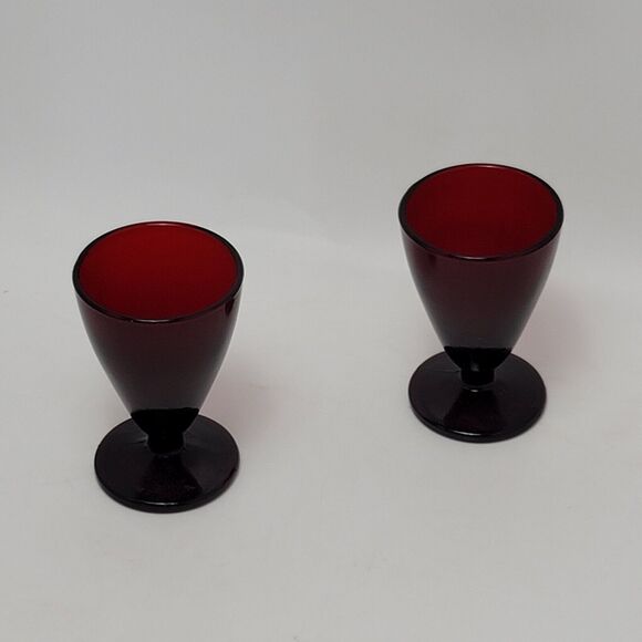 Vintage Anchor Hocking 2 Royal Ruby Red Cordial Shot Footed Wine Glasses Barware - Picture 8 of 9